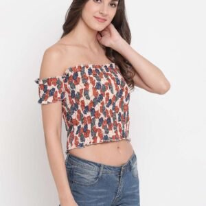 Women's Rayon Printed Off-Shoulder Smocked Crop Top Short Sleeve Casual Styles Tank Top (FREE SIZE) Multi45